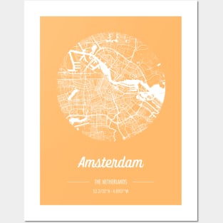 City map in golden yellow: Amsterdam, The Netherlands, with retro vintage flair Posters and Art